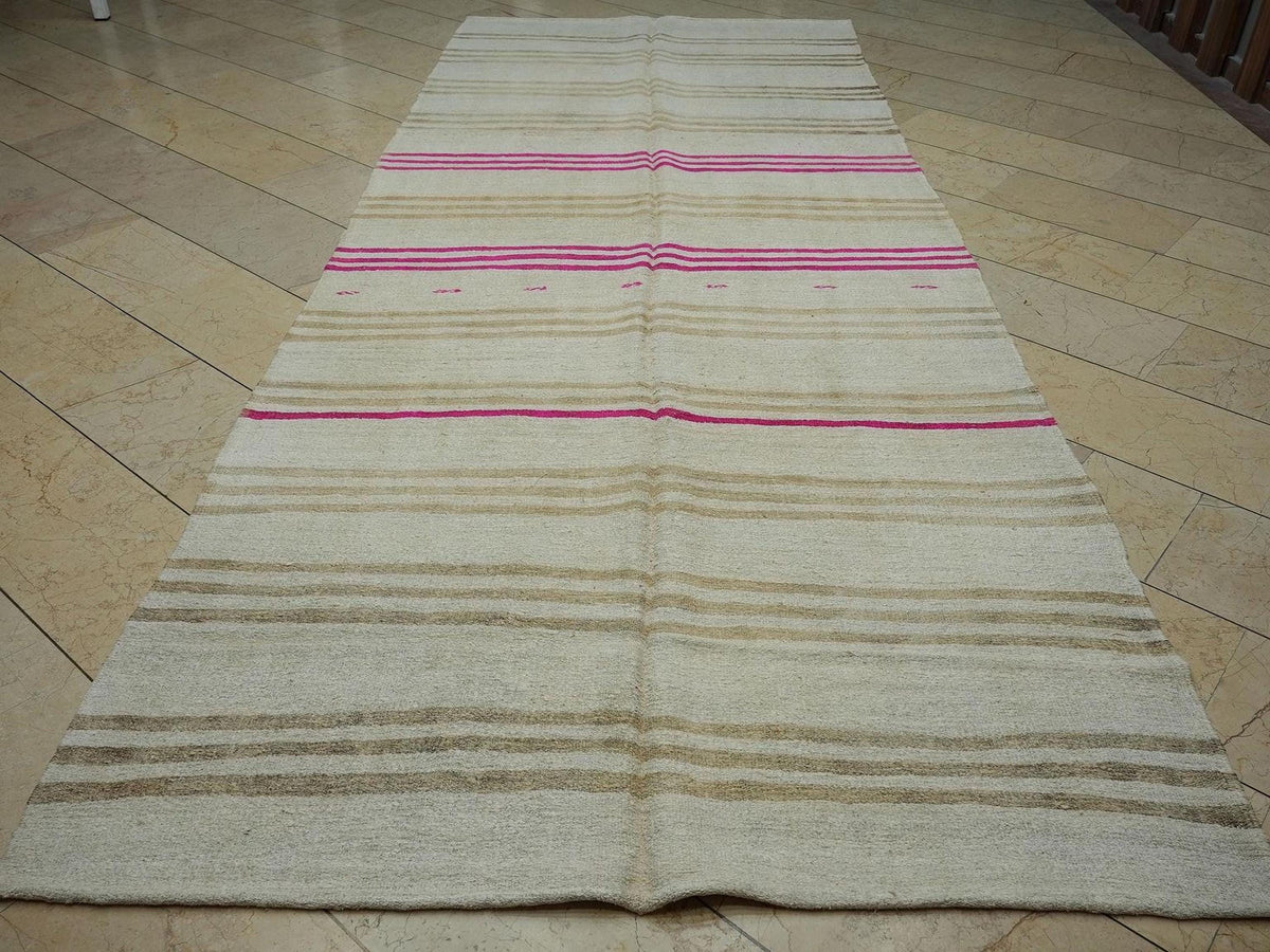 Minimalist Hidden Stripe Organic Hemp Kilim Rug,5.3x12.8 Ft,Handmade Primitive Decor Rugs