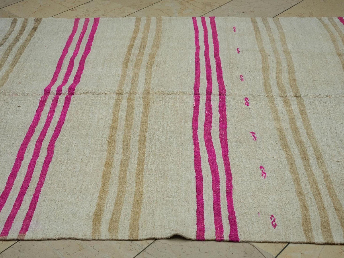 Minimalist Hidden Stripe Organic Hemp Kilim Rug,5.3x12.8 Ft,Handmade Primitive Decor Rugs