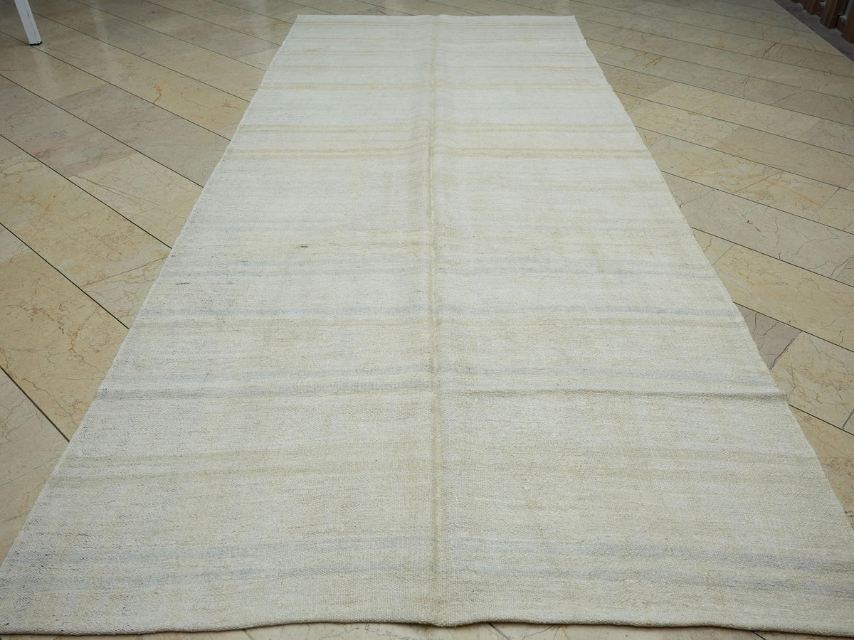 Neutral Turkish Striped Hemp Kilim Rug: 5.6x12.7 Feet,Large Handmade Rugs.
