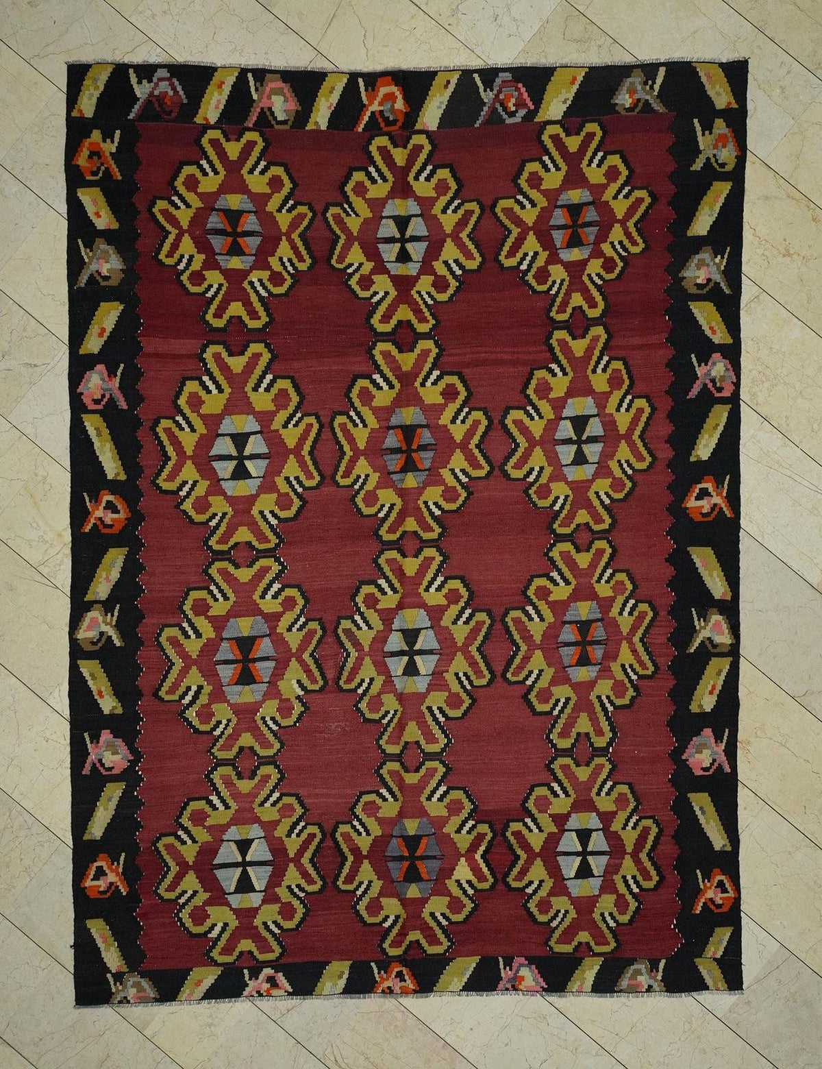 Vintage Turkish Kilim Rug: Handmade Wool Anatolian Ethnic Design Rugs 7x9,7 Feet.