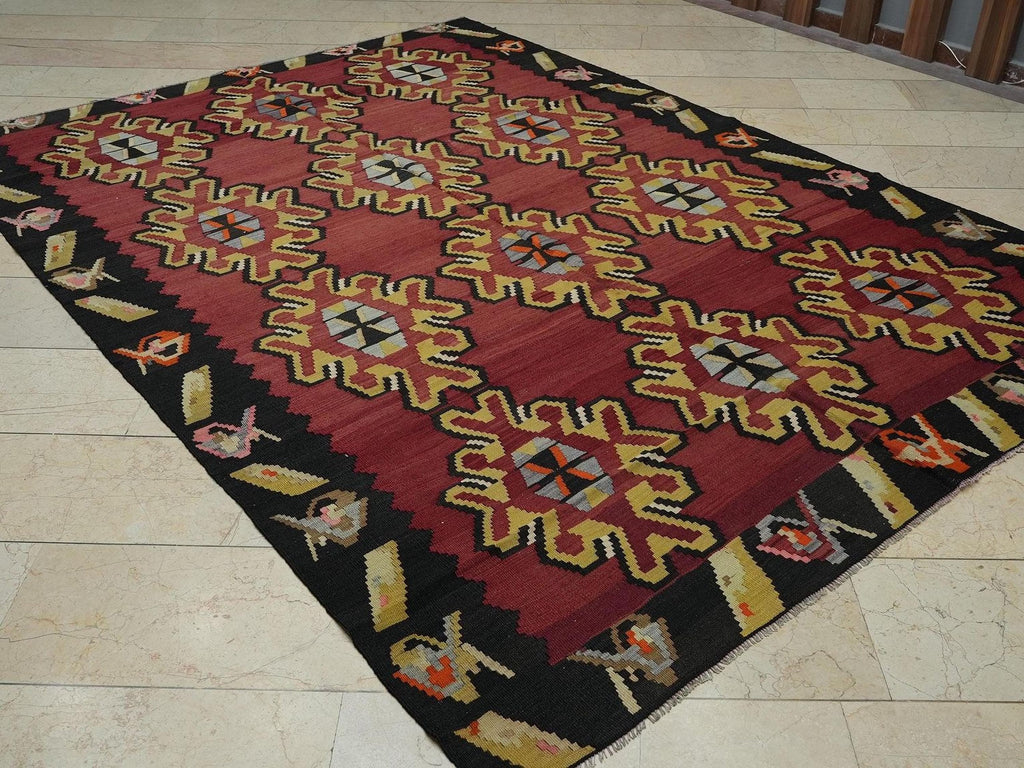Vintage Turkish Kilim Rug: Handmade Wool Anatolian Ethnic Design Rugs 7x9,7 Feet.