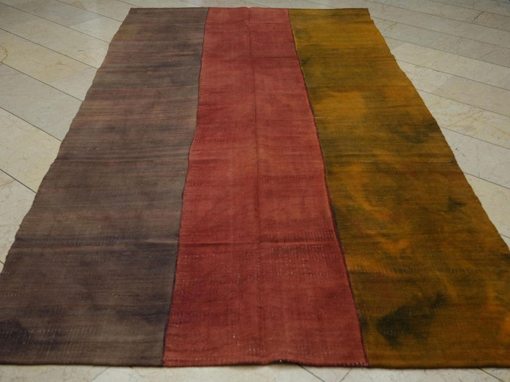 Old Handwoven Turkish Kilim Rug: Green,Red,Purple Antique Wool Rugs, 5,9"x10,7" Feet.
