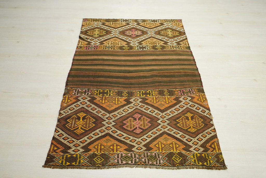 Antique Embroidered Kars Kilim: 3x5 Ft, Kurdish Village Woven Rugs For Wall Hanging Decor.