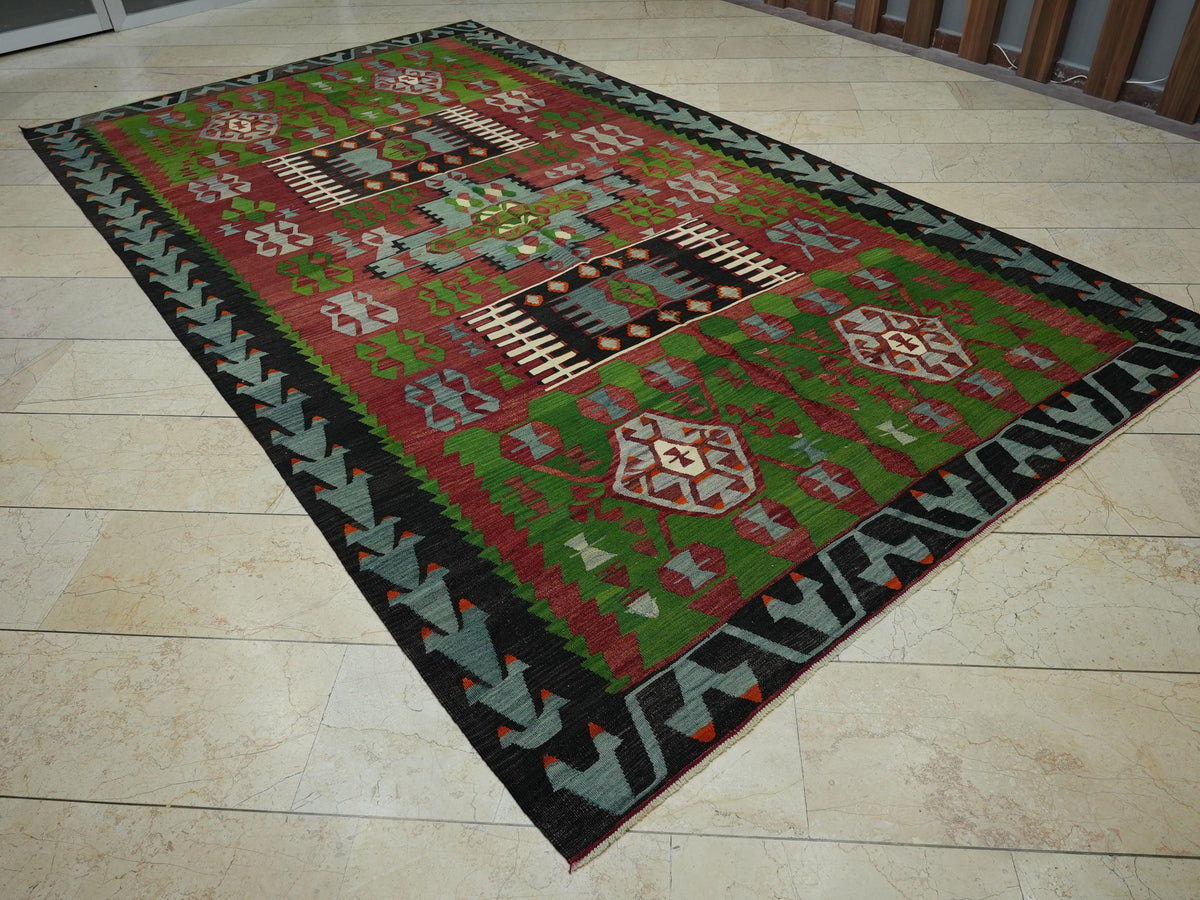 Large Antique Turkish Kilim Rug: 7x12 Wool Flat Weave Red Green Rugs