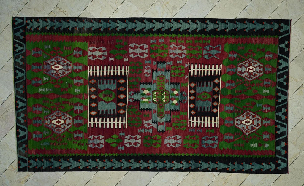 Large Antique Turkish Kilim Rug: 7x12 Wool Flat Weave Red Green Rugs