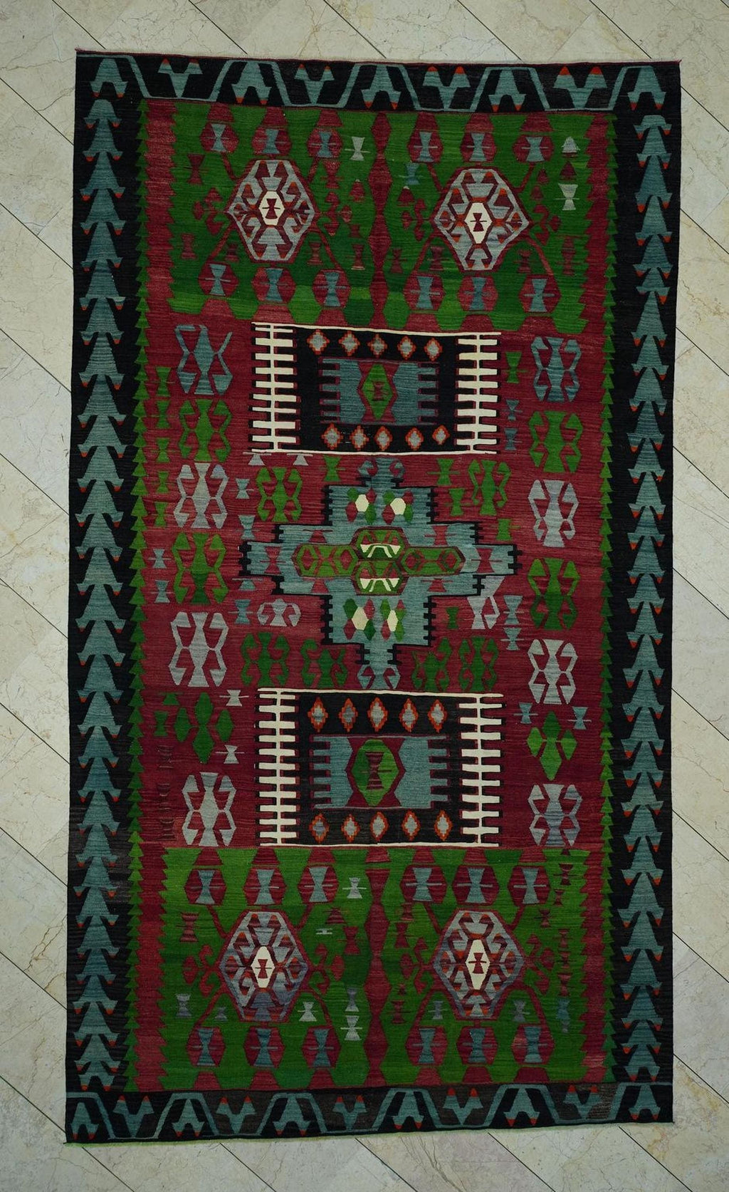 Large Antique Turkish Kilim Rug: 7x12 Wool Flat Weave Red Green Rugs