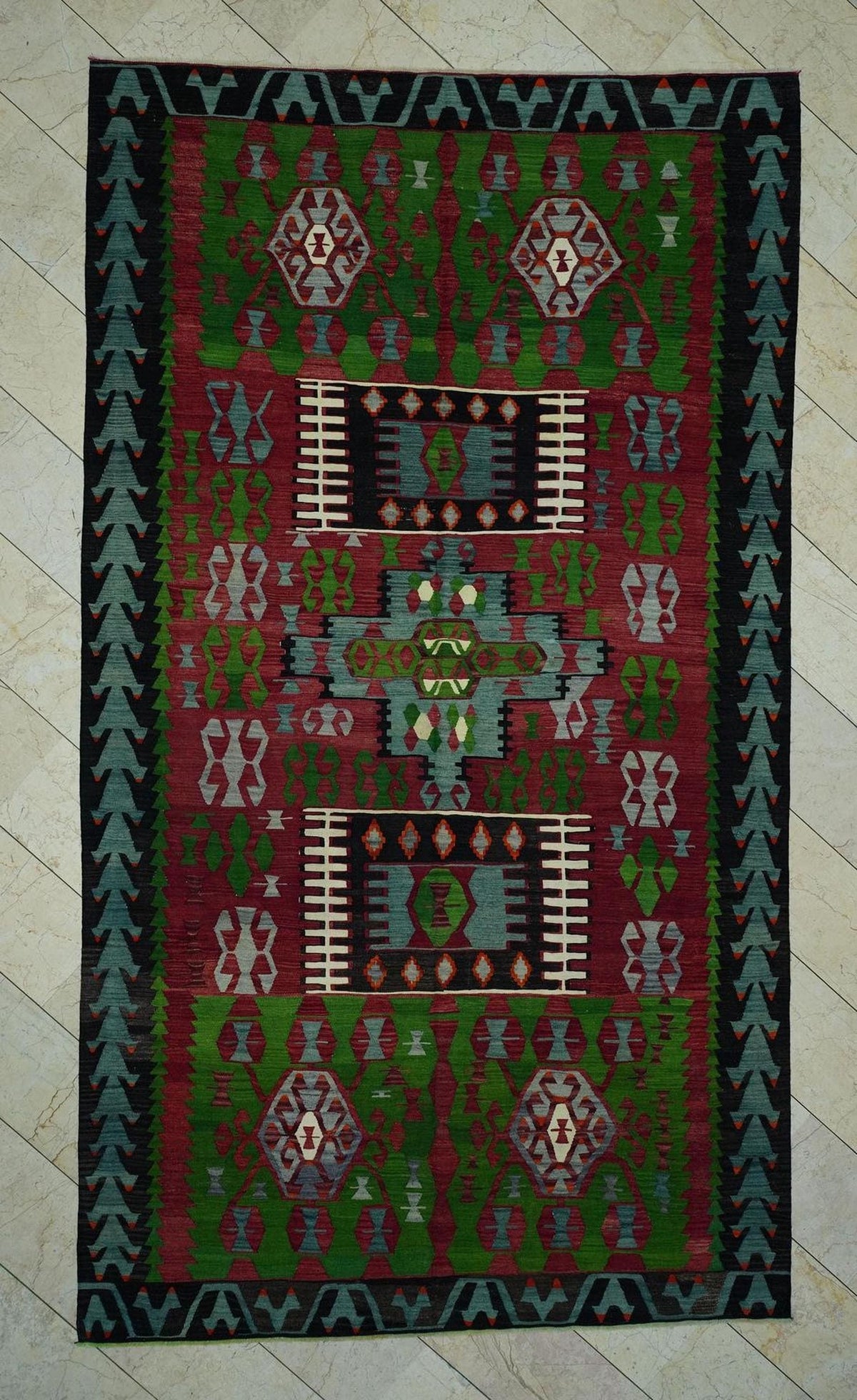 Large Antique Turkish Kilim Rug: 7x12 Wool Flat Weave Red Green Rugs