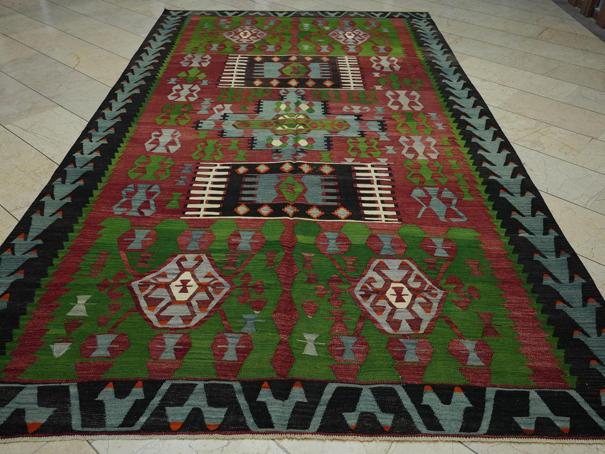 Large Antique Turkish Kilim Rug: 7x12 Wool Flat Weave Red Green Rugs