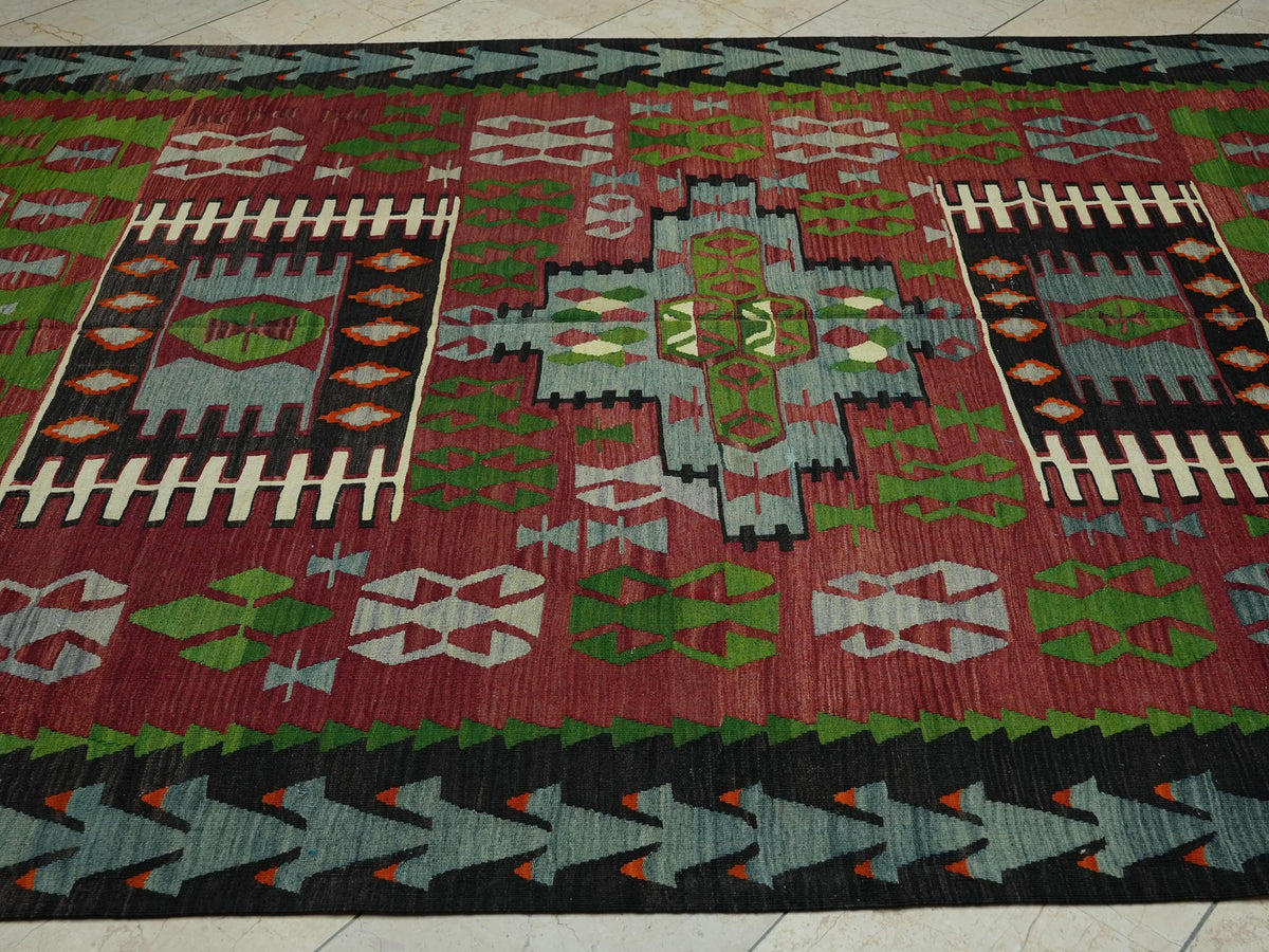 Large Antique Turkish Kilim Rug: 7x12 Wool Flat Weave Red Green Rugs