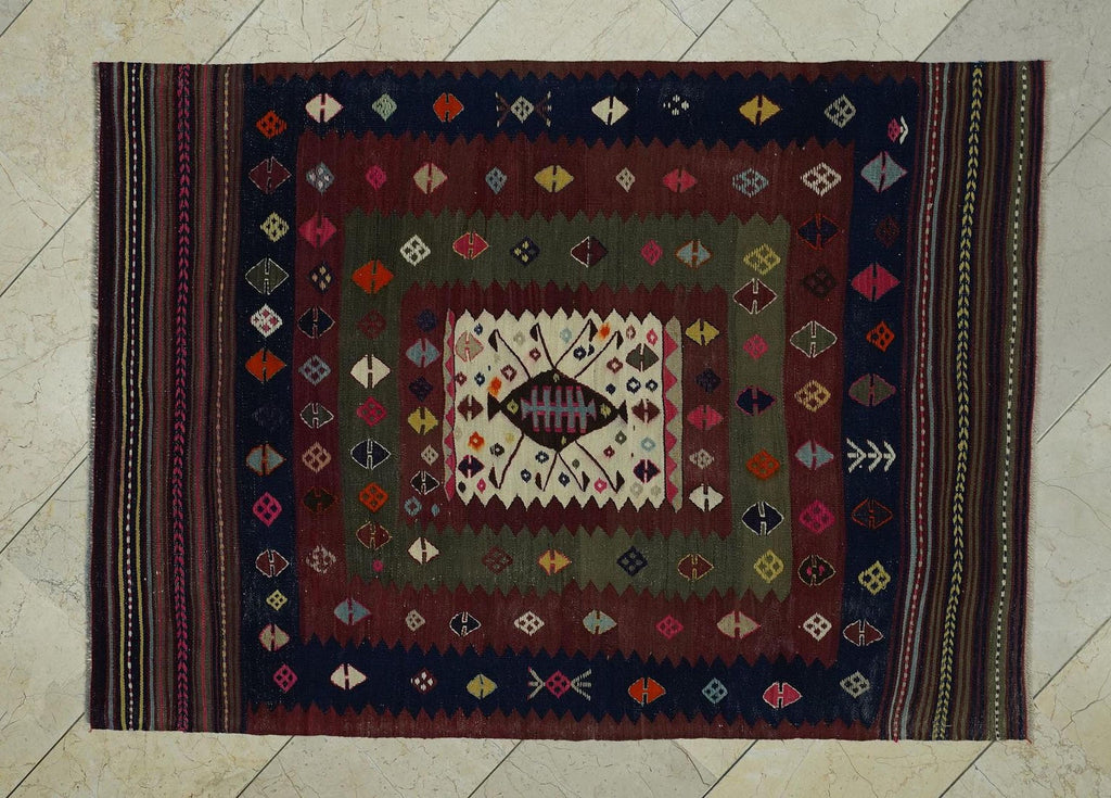 Vintage Turkish Kilim Rug: Wool Woven Unusual Pattern 1940s Antique Area Rugs 3.9x5.4 ft,