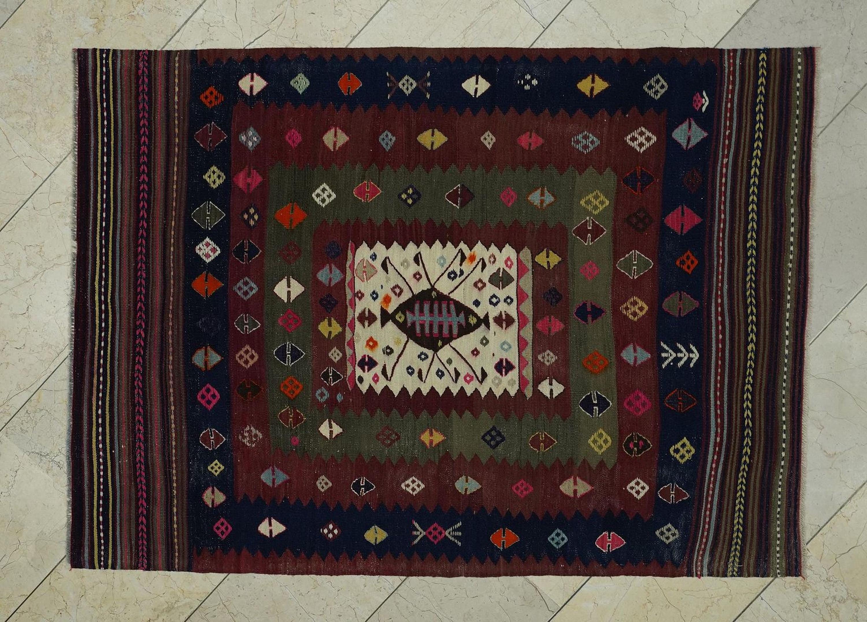 Vintage Turkish Kilim Rug: Wool Woven Unusual Pattern 1940s Antique Area Rugs 3.9x5.4 ft,