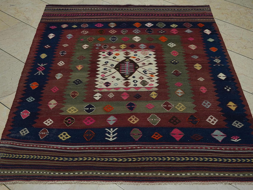 Vintage Turkish Kilim Rug: Wool Woven Unusual Pattern 1940s Antique Area Rugs 3.9x5.4 ft,