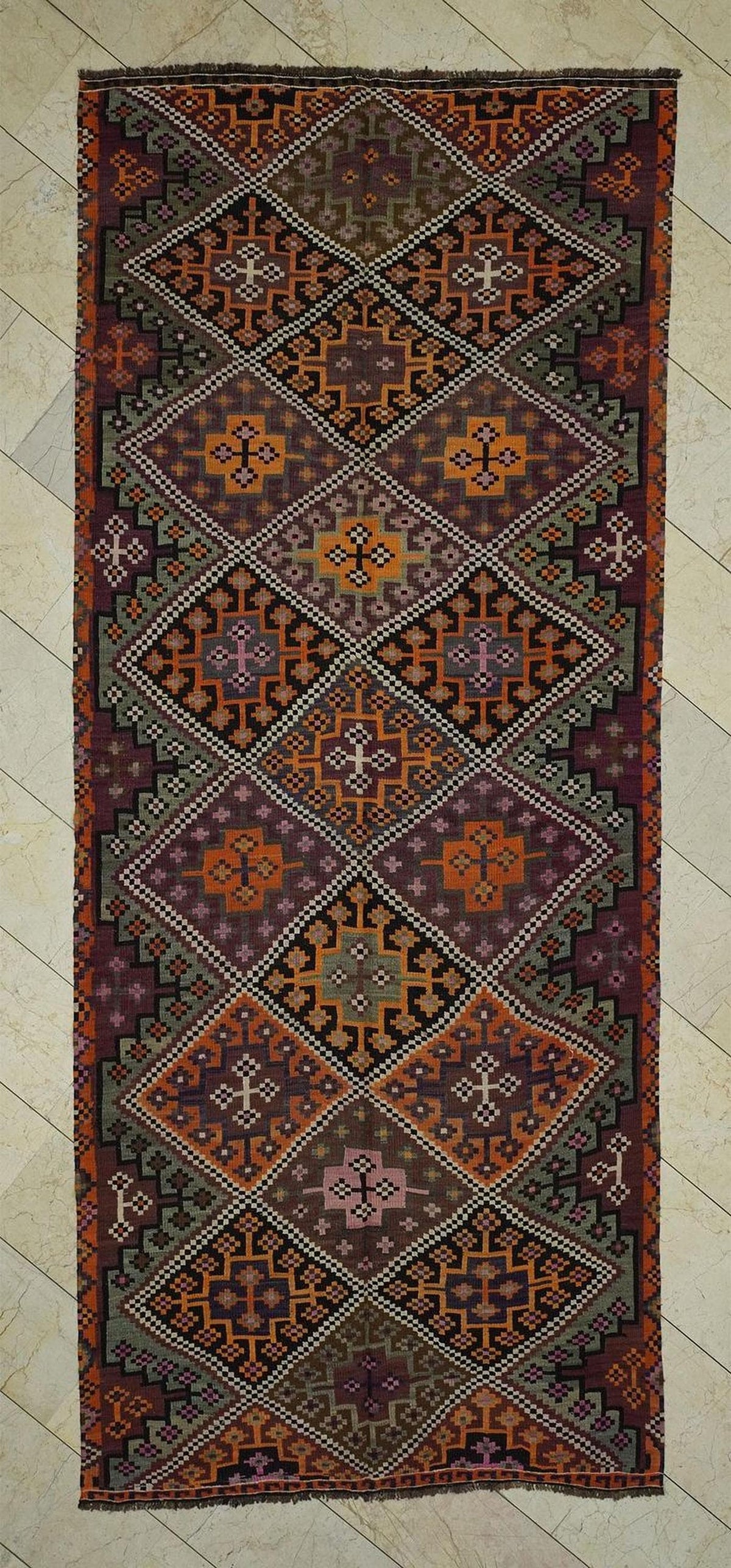 Turkish Wool Kilim Rug: 5x11.8 ft, Vintage Embroidered Colorful Rugs.