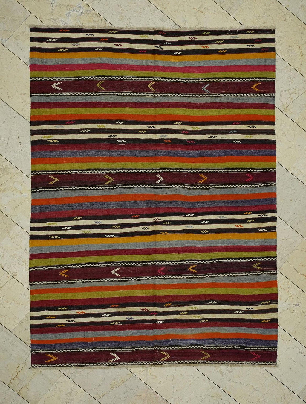 Striped Turkish Kilim Rug: Vintage Flat Weave Wool Rugs, 5.9"x8" Feet.