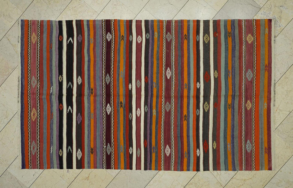 Life Striped Turkish Kilim Rug: 5,2x8,8 Ft, Flat Weave Wool Unique Rugs.