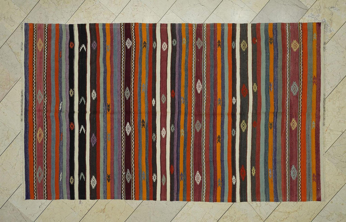 Life Striped Turkish Kilim Rug: 5,2x8,8 Ft, Flat Weave Wool Unique Rugs.