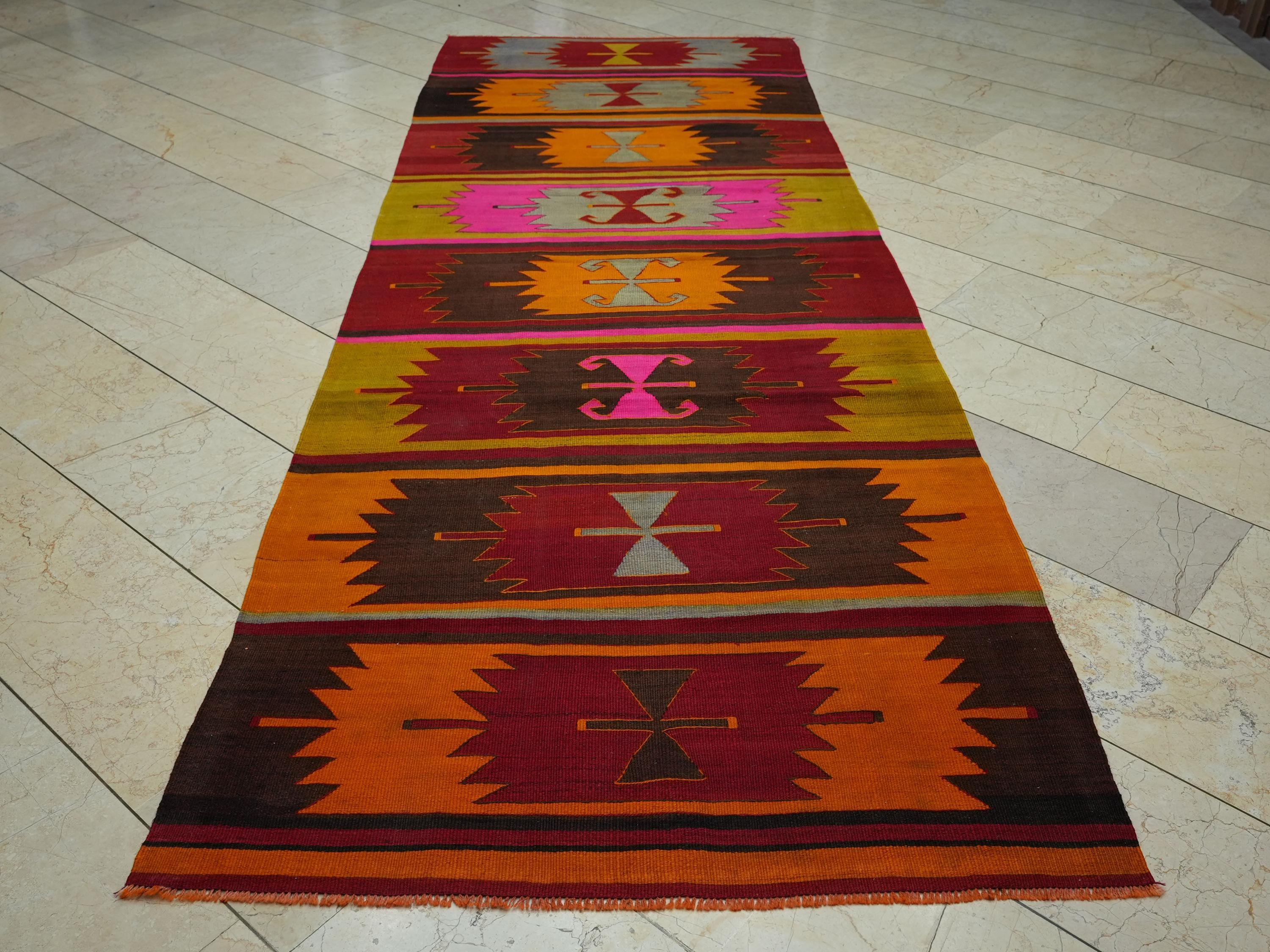 Vintage Turkish Kilim Rug: Rare Pattern, Cappadocia Wool Rugs 4x11.2 Ft.