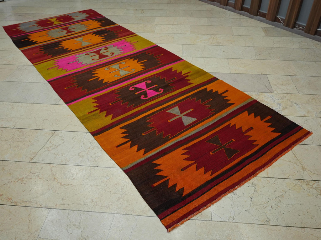 Vintage Turkish Kilim Rug: Rare Pattern, Cappadocia Wool Rugs 4x11.2 Ft.