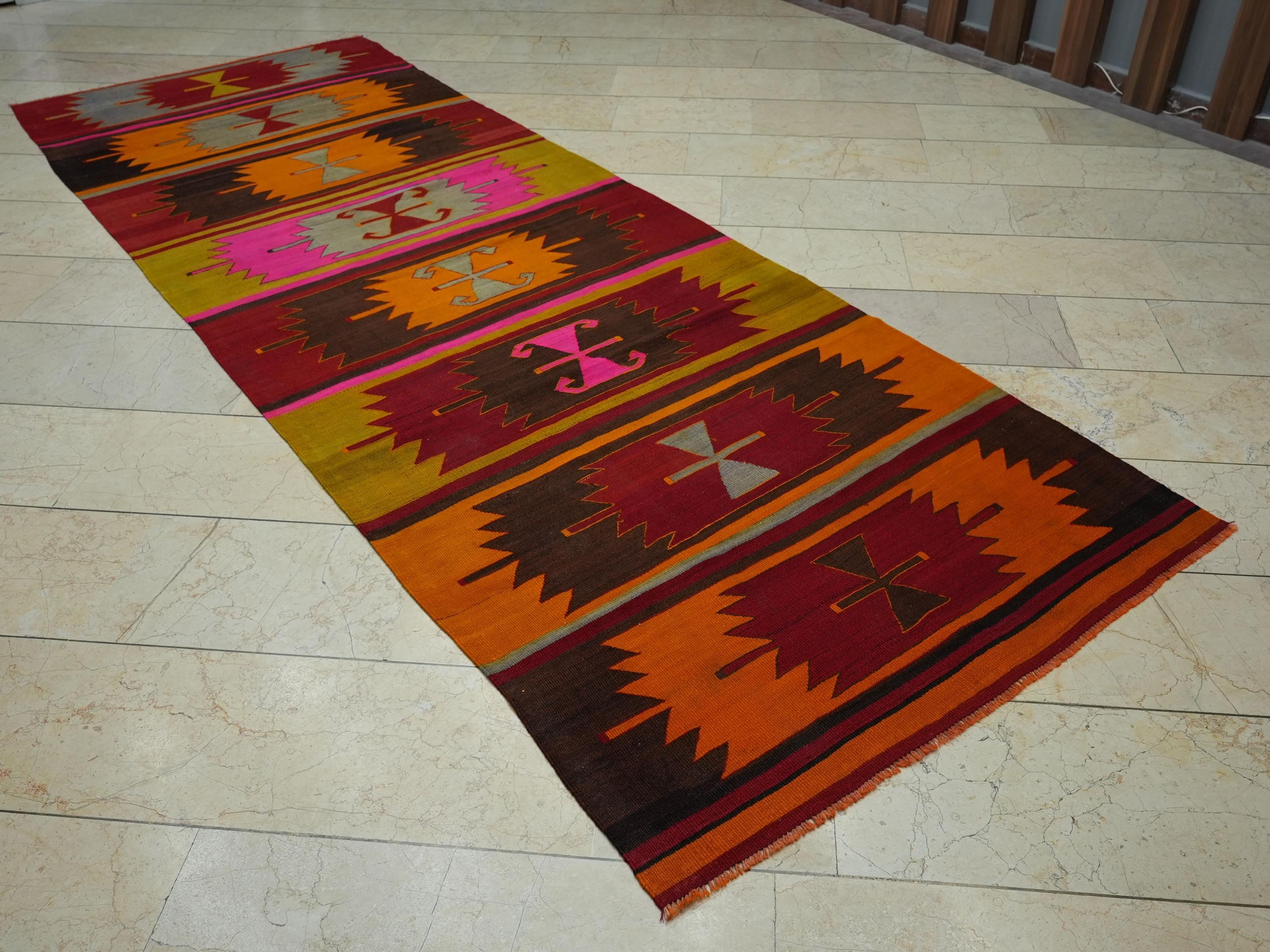 Vintage Turkish Kilim Rug: Rare Pattern, Cappadocia Wool Rugs 4x11.2 Ft.