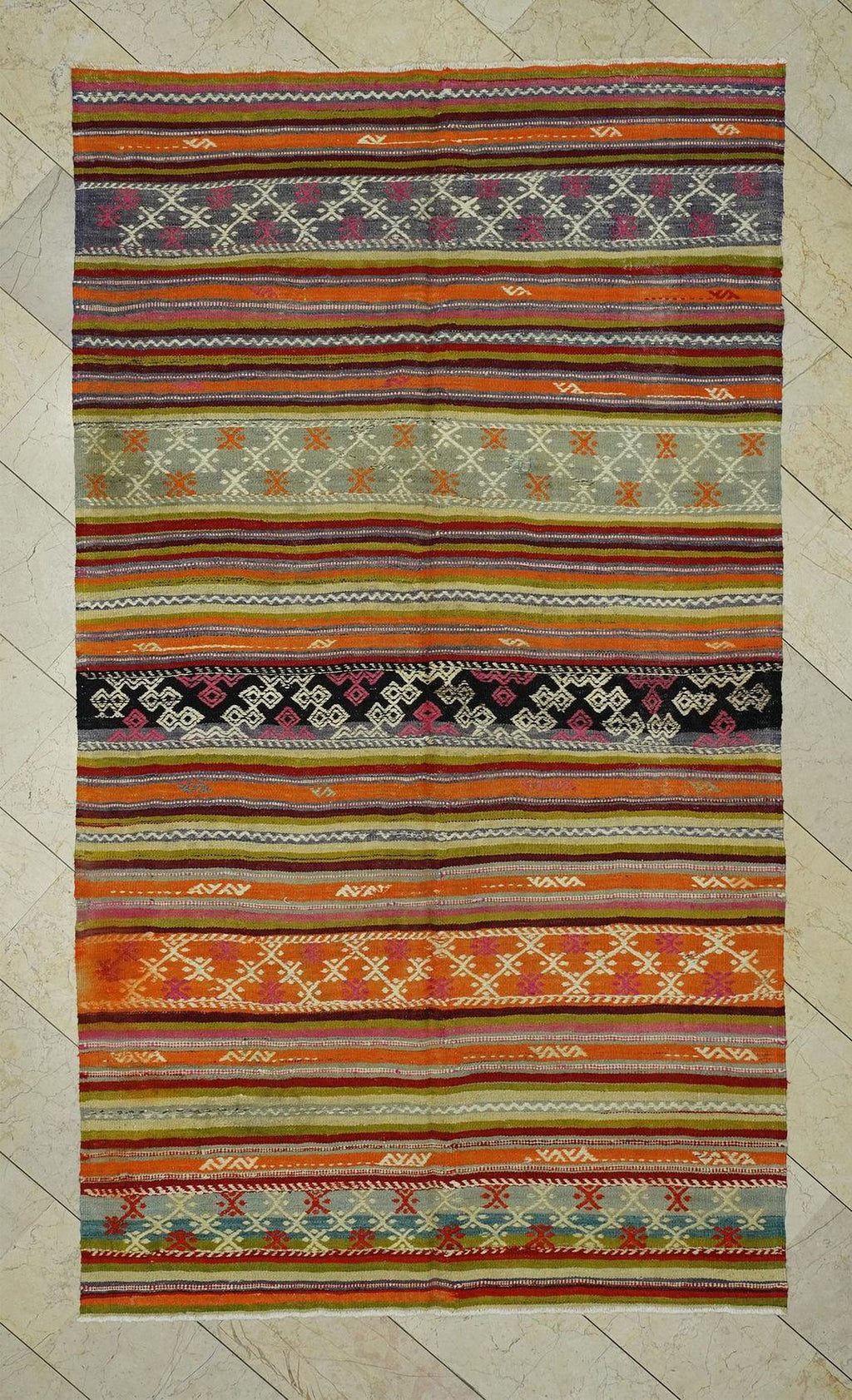 Primitive Stripe Kilim Rug: 5.5"x9.10' Turkish Flat Weave Rugs