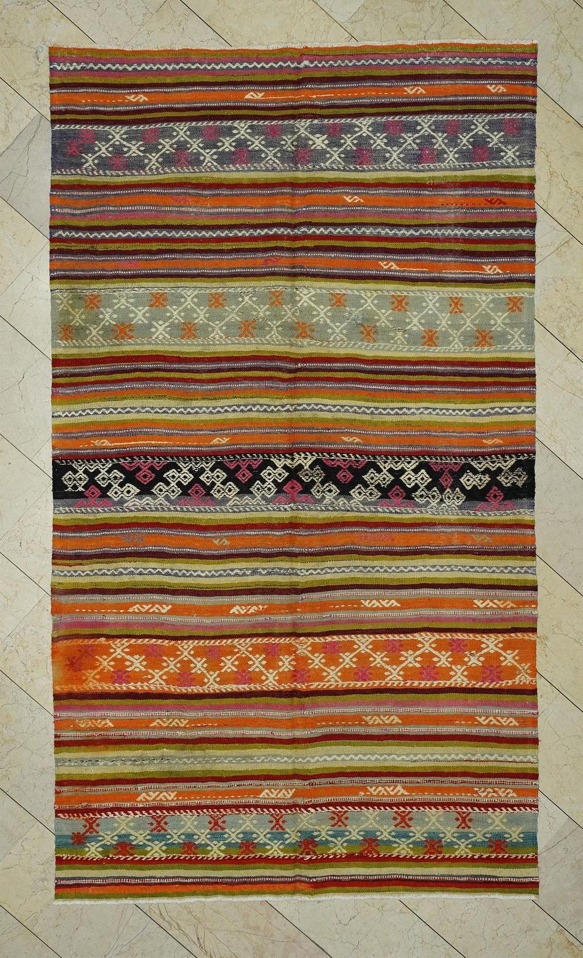 Primitive Stripe Kilim Rug: 5.5"x9.10' Turkish Flat Weave Rugs