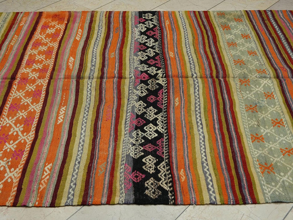 Primitive Stripe Kilim Rug: 5.5"x9.10' Turkish Flat Weave Rugs