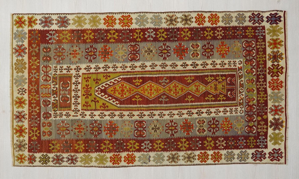 Antique Turkish Kilim Rug: 4x6 Handwoven Wool Anatolian Decor