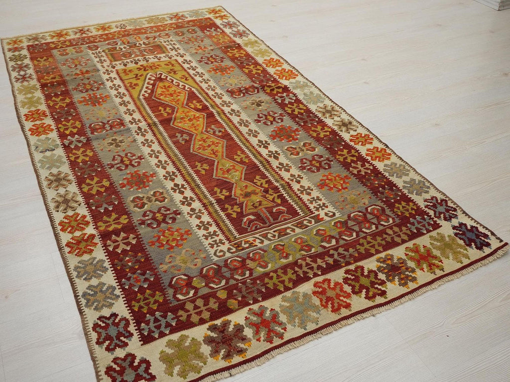 Antique Turkish Kilim Rug: 4x6 Handwoven Wool Anatolian Decor