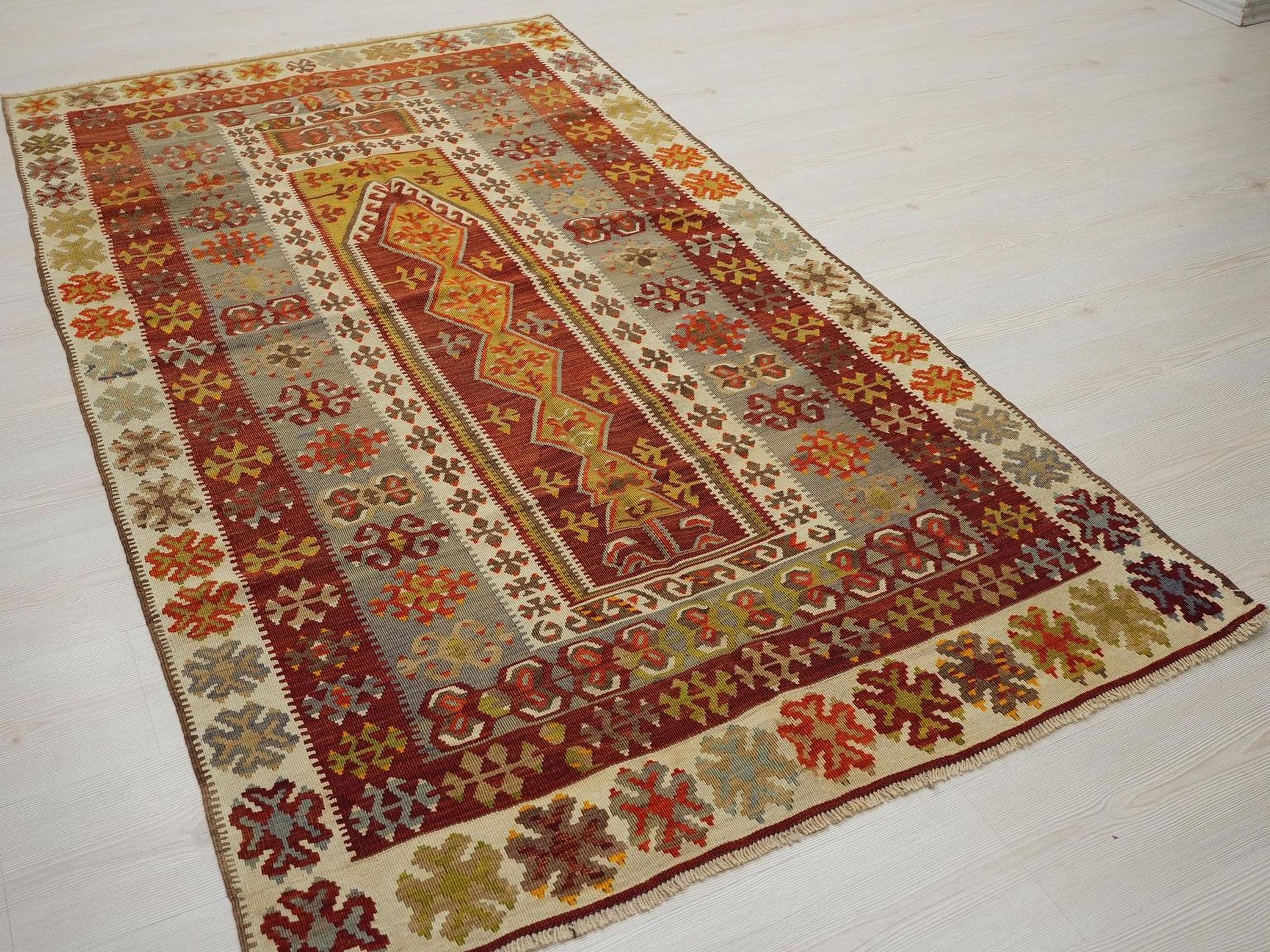 Antique Turkish Kilim Rug: 4x6 Handwoven Wool Anatolian Decor