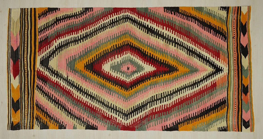 Pink Finger Pattern Kilim Rug: Handwoven Turkish Flatweave (5"x10,1" Feet)