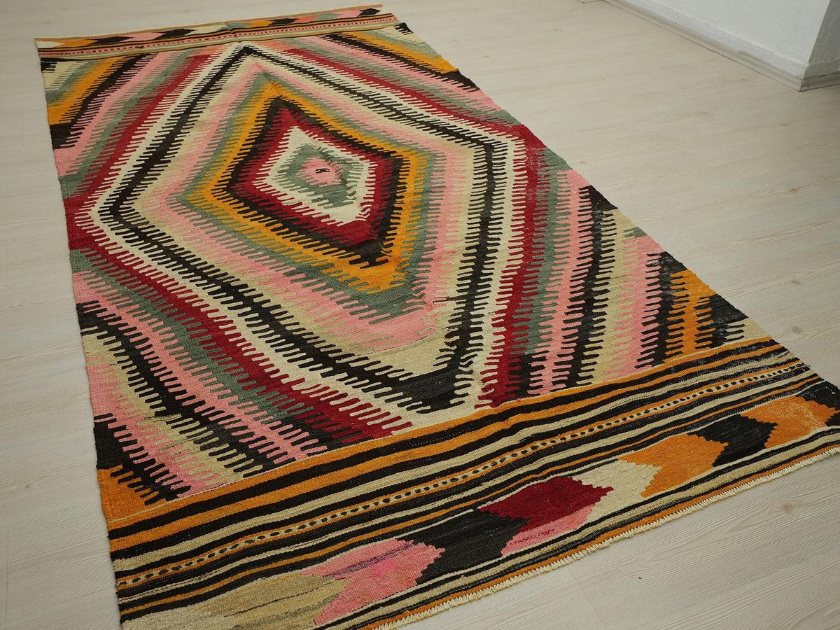 Pink Finger Pattern Kilim Rug: Handwoven Turkish Flatweave (5"x10,1" Feet)