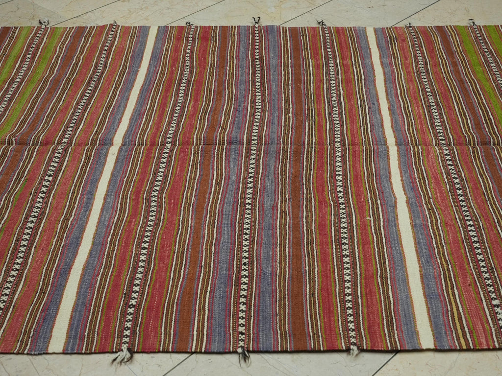 Striped Turkey Kilim Rug: Mid-Century Flat Weave Wool Rugs, 5.2x8.9 Feet.