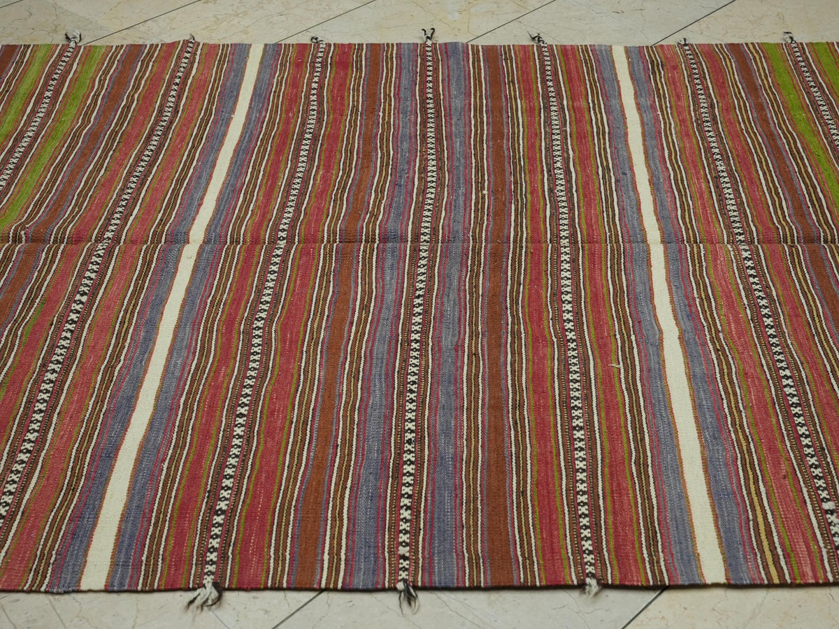 Striped Turkey Kilim Rug: Mid-Century Flat Weave Wool Rugs, 5.2x8.9 Feet.