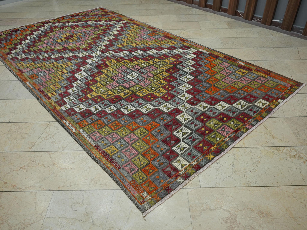 Large Turkish Embroidered Kilim Rug: Mid Century Antique Floor Decor Rugs, 6x11 Ft.
