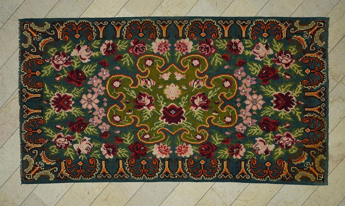 Floral Moldova Kilim Rug: Large Handmade Wool Flat Weave (6,3"x11,6" Feet)