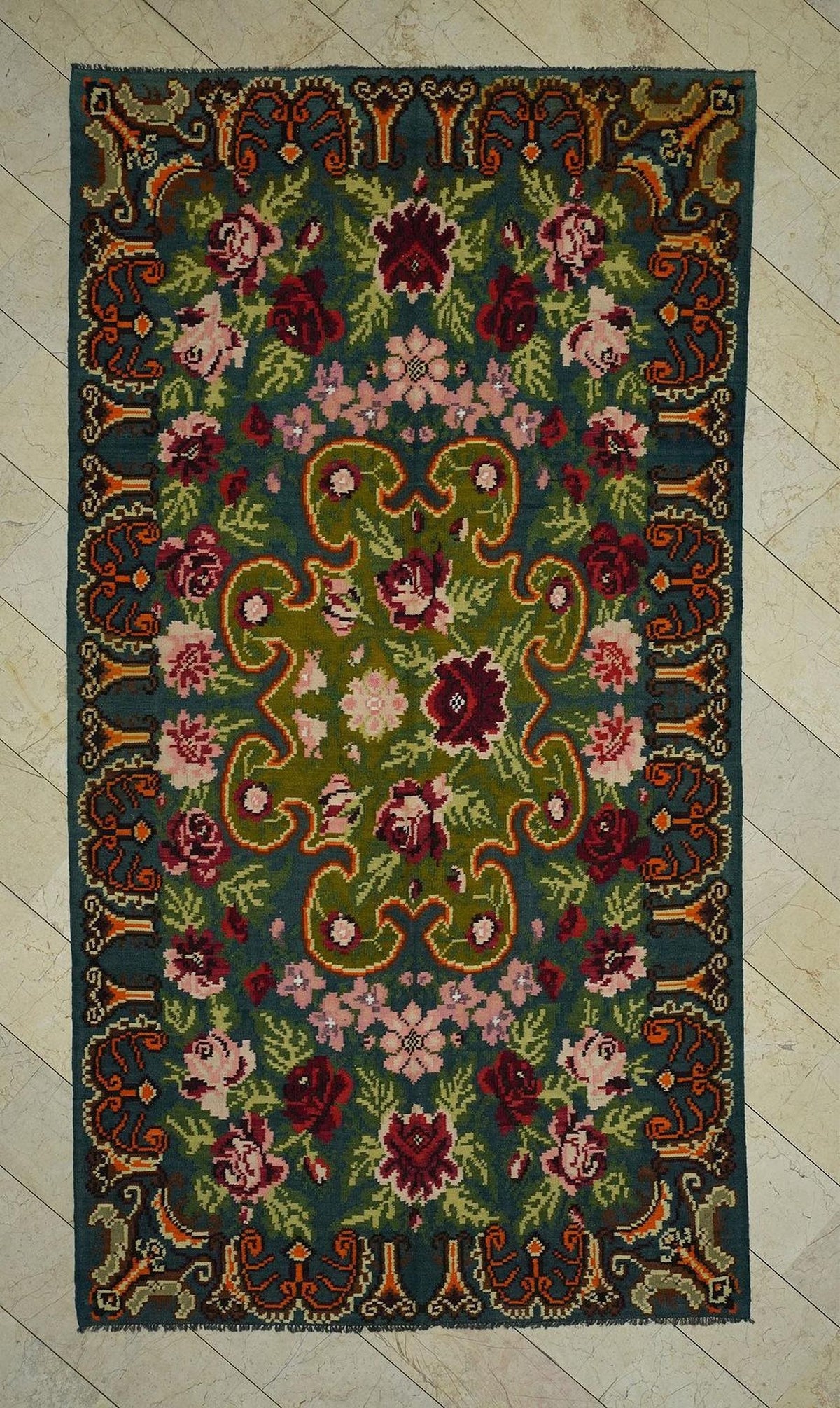 Floral Moldova Kilim Rug: Large Handmade Wool Flat Weave (6,3"x11,6" Feet)