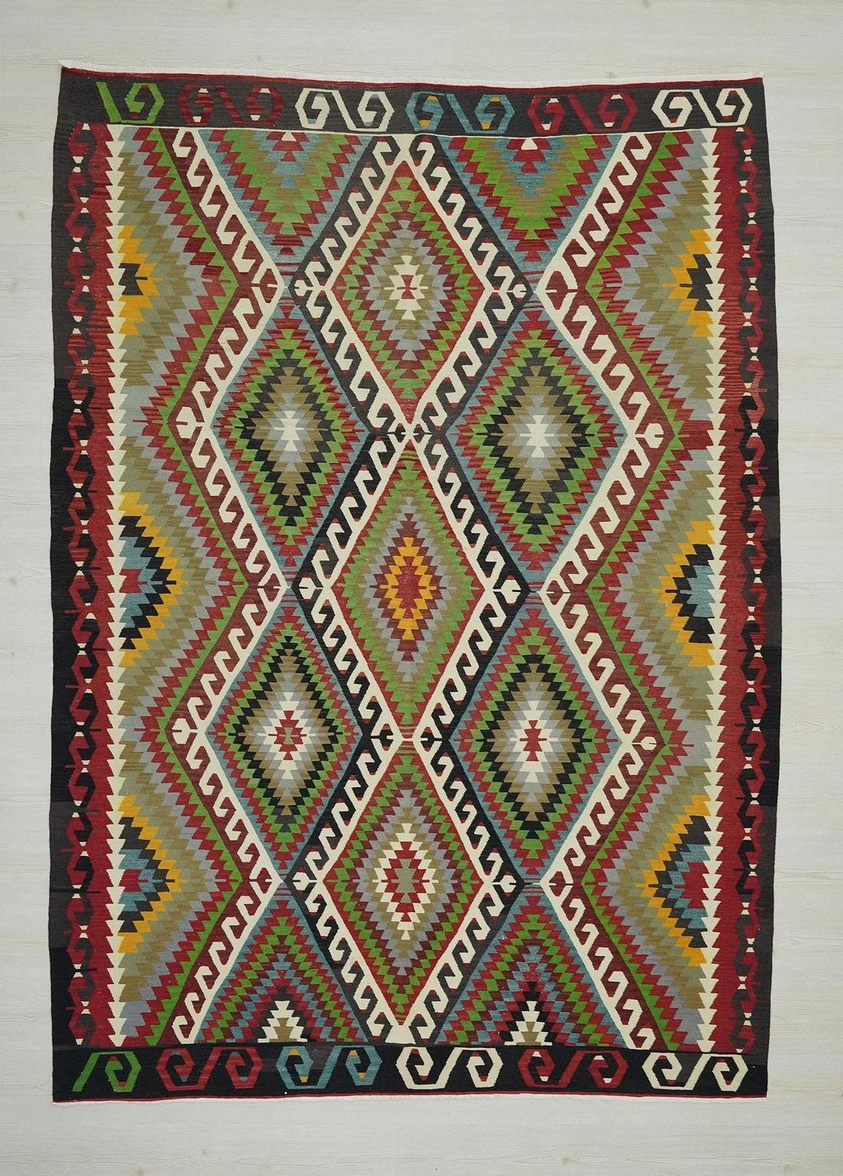 Large Turkish Kilim Rug: Geometric Flat Weave Wool Rugs 6.5x9 Ft.
