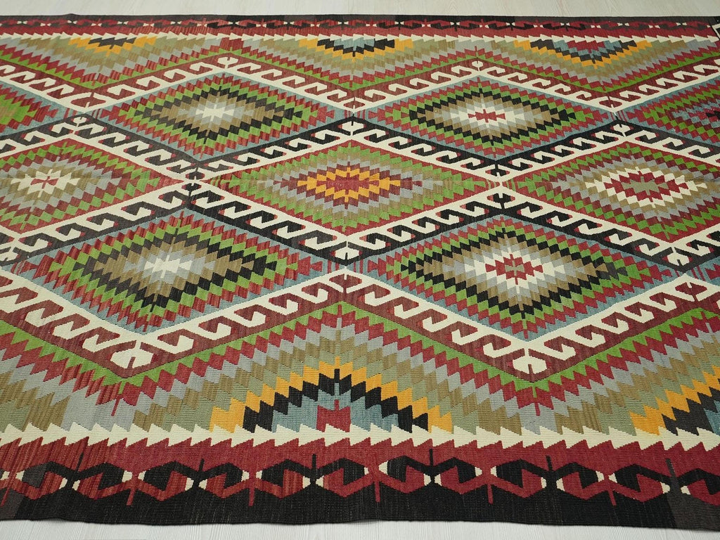 Large Turkish Kilim Rug: Geometric Flat Weave Wool Rugs 6.5x9 Ft.