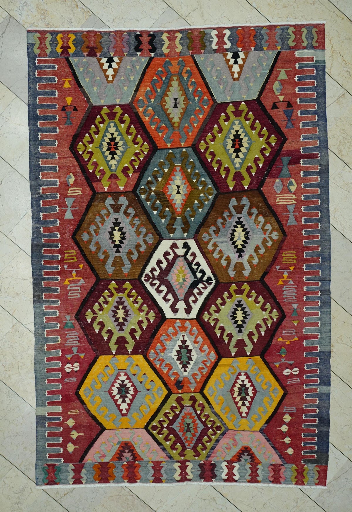 Old Antique Turkish Wool Kilim Rug: 5.4"x8.2' Area Flat Woven Rugs