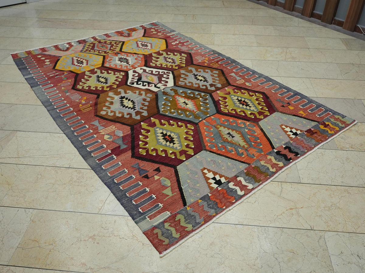 Old Antique Turkish Wool Kilim Rug: 5.4"x8.2' Area Flat Woven Rugs