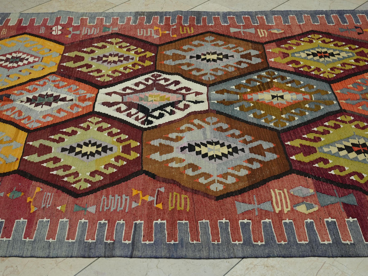 Old Antique Turkish Wool Kilim Rug: 5.4"x8.2' Area Flat Woven Rugs