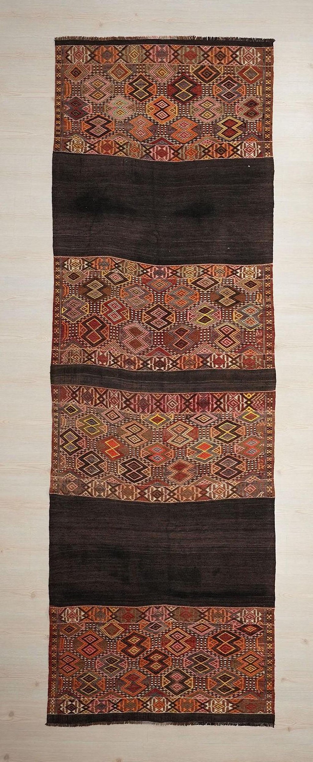 Antique Turkish Kilim Rug Runner: Embroidered Wool, 3.4x10.7 ft