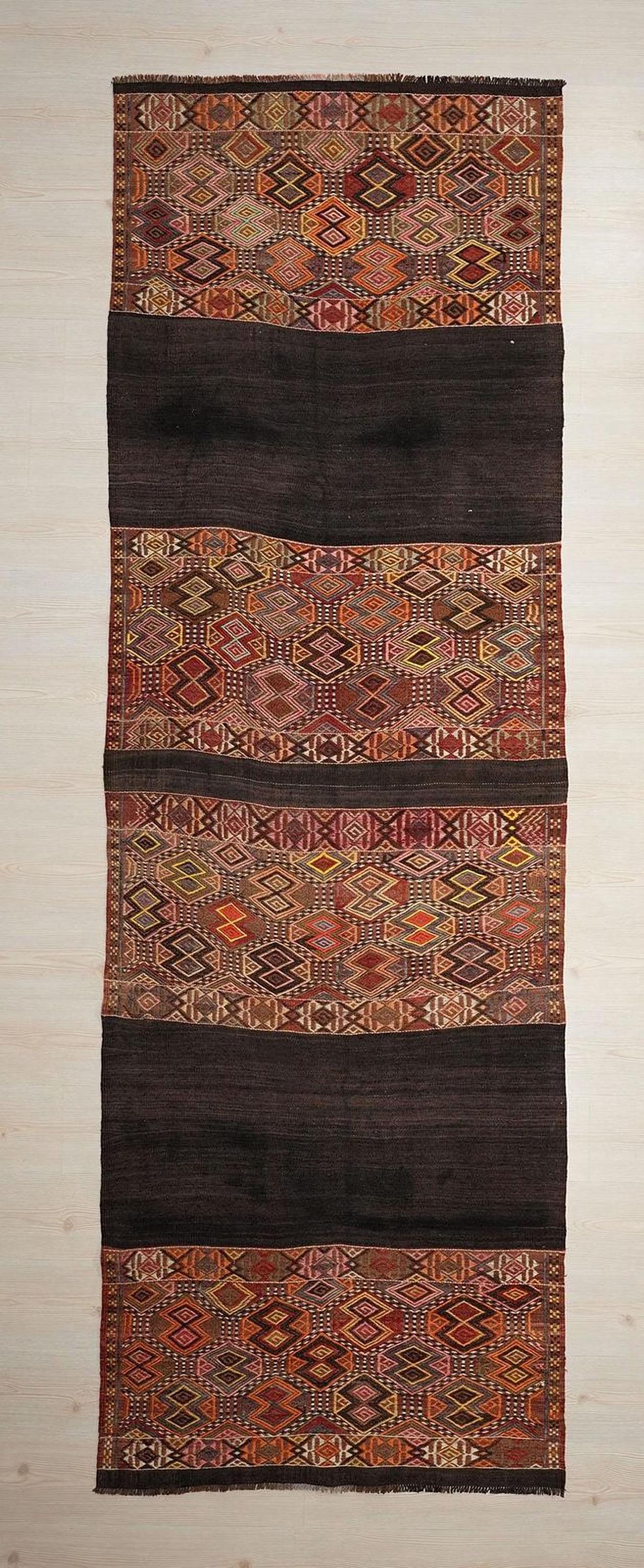 Antique Turkish Kilim Rug Runner: Embroidered Wool, 3.4x10.7 ft