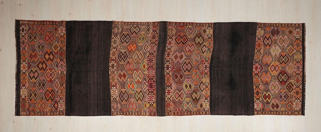 Antique Turkish Kilim Rug Runner: Embroidered Wool, 3.4x10.7 ft