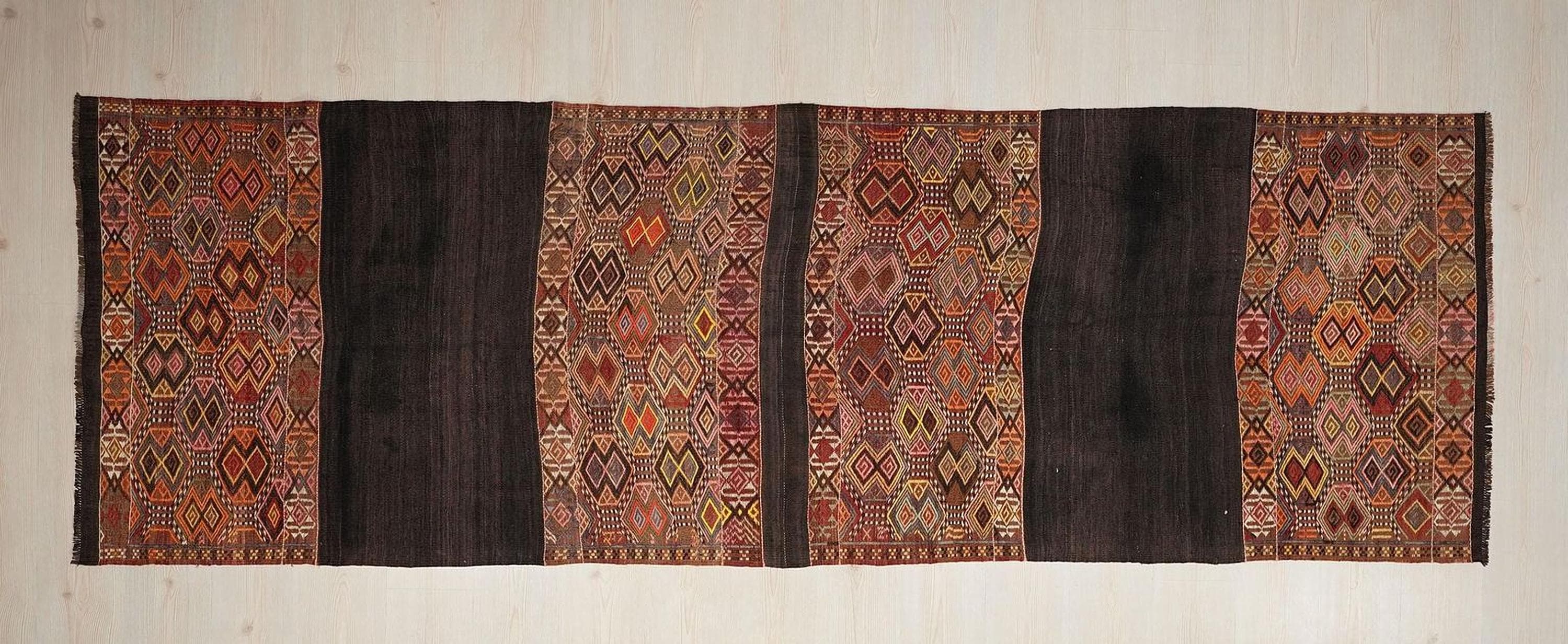 Antique Turkish Kilim Rug Runner: Embroidered Wool, 3.4x10.7 ft