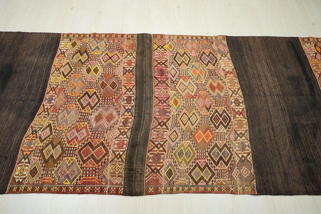 Antique Turkish Kilim Rug Runner: Embroidered Wool, 3.4x10.7 ft