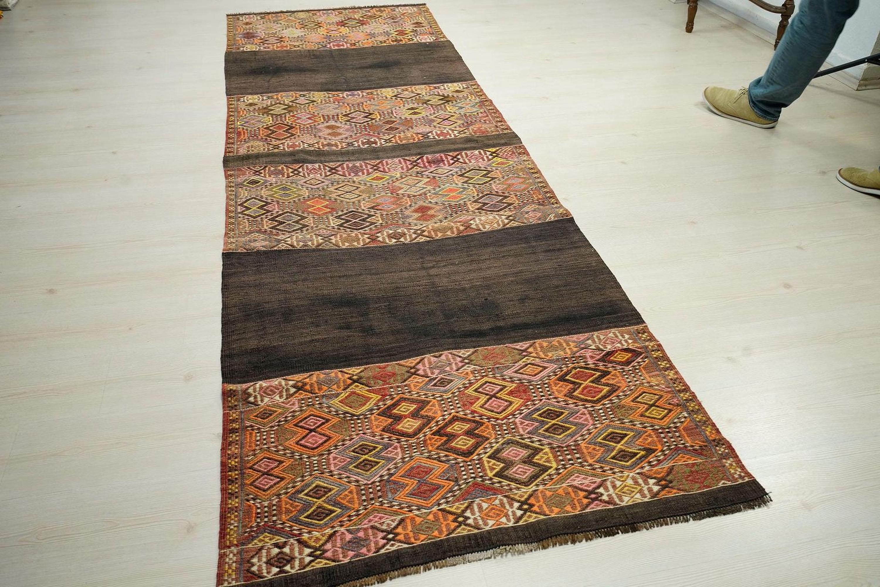 Antique Turkish Kilim Rug Runner: Embroidered Wool, 3.4x10.7 ft