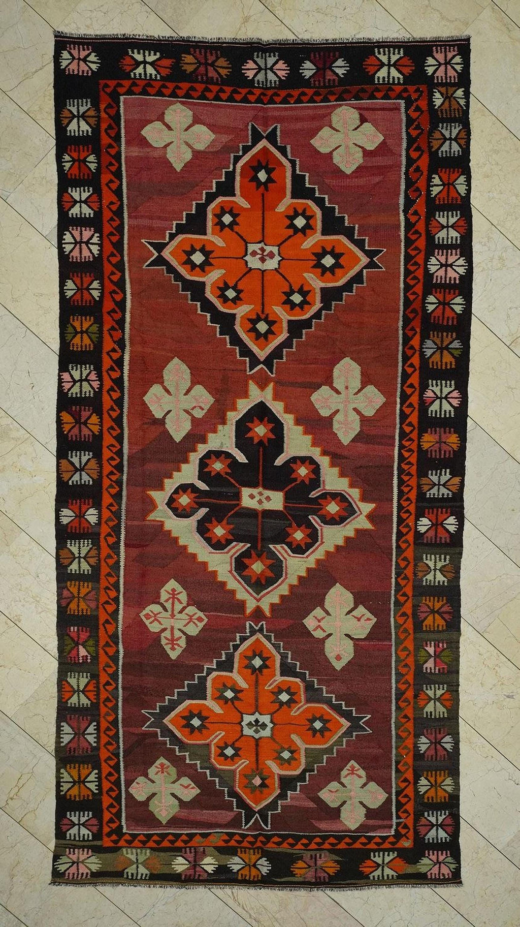 Vintage Turkish Kars Kilim Rug: Mid-Century Wool Flat Weave, 5.3x11.1 ft