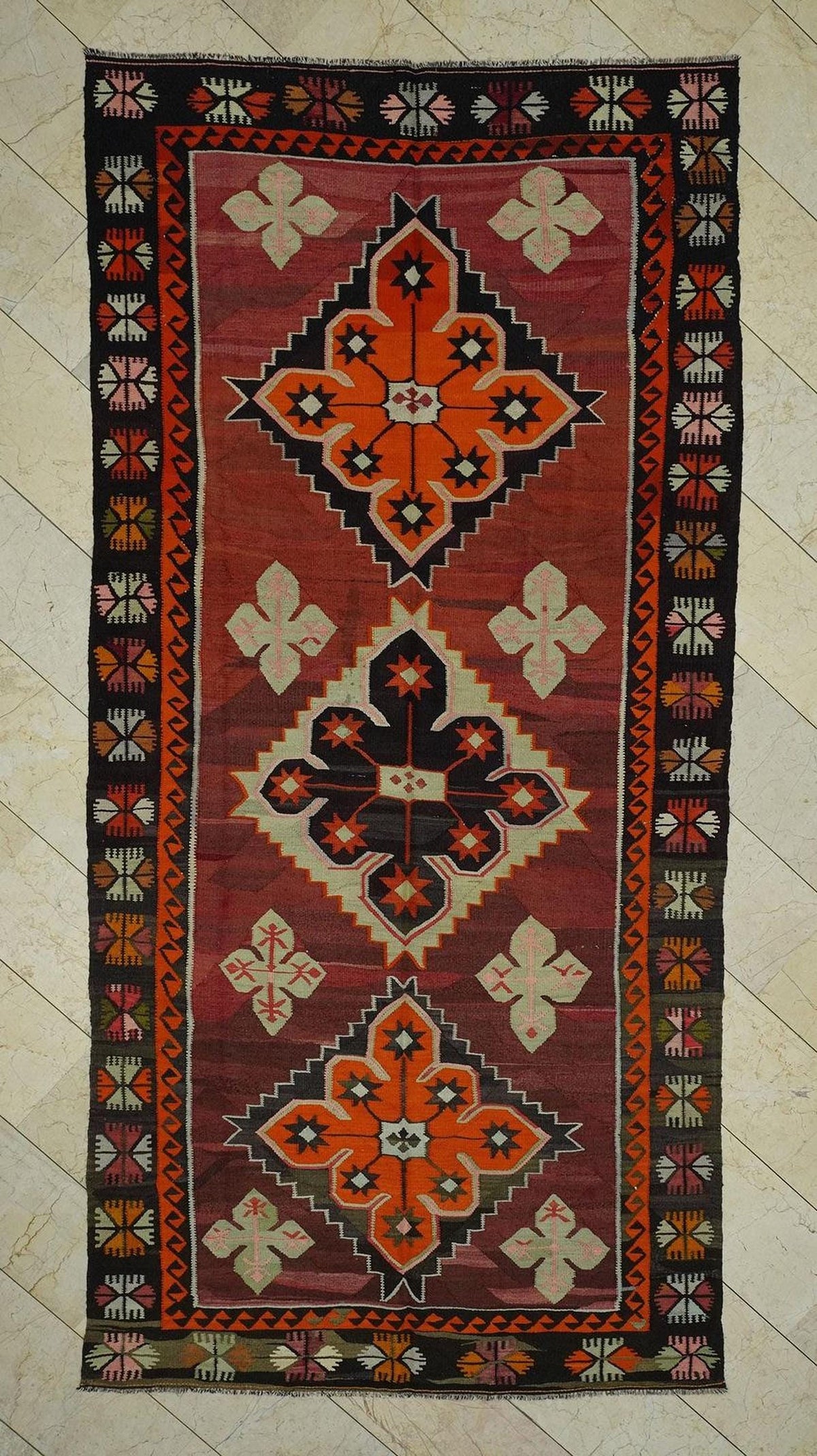 Vintage Turkish Kars Kilim Rug: Mid-Century Wool Flat Weave, 5.3x11.1 ft