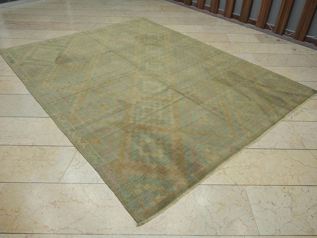 Vintage Turkish Kilim Rug: 6.6 x 8.6 ft, Handwoven Wool,Faded Rugs